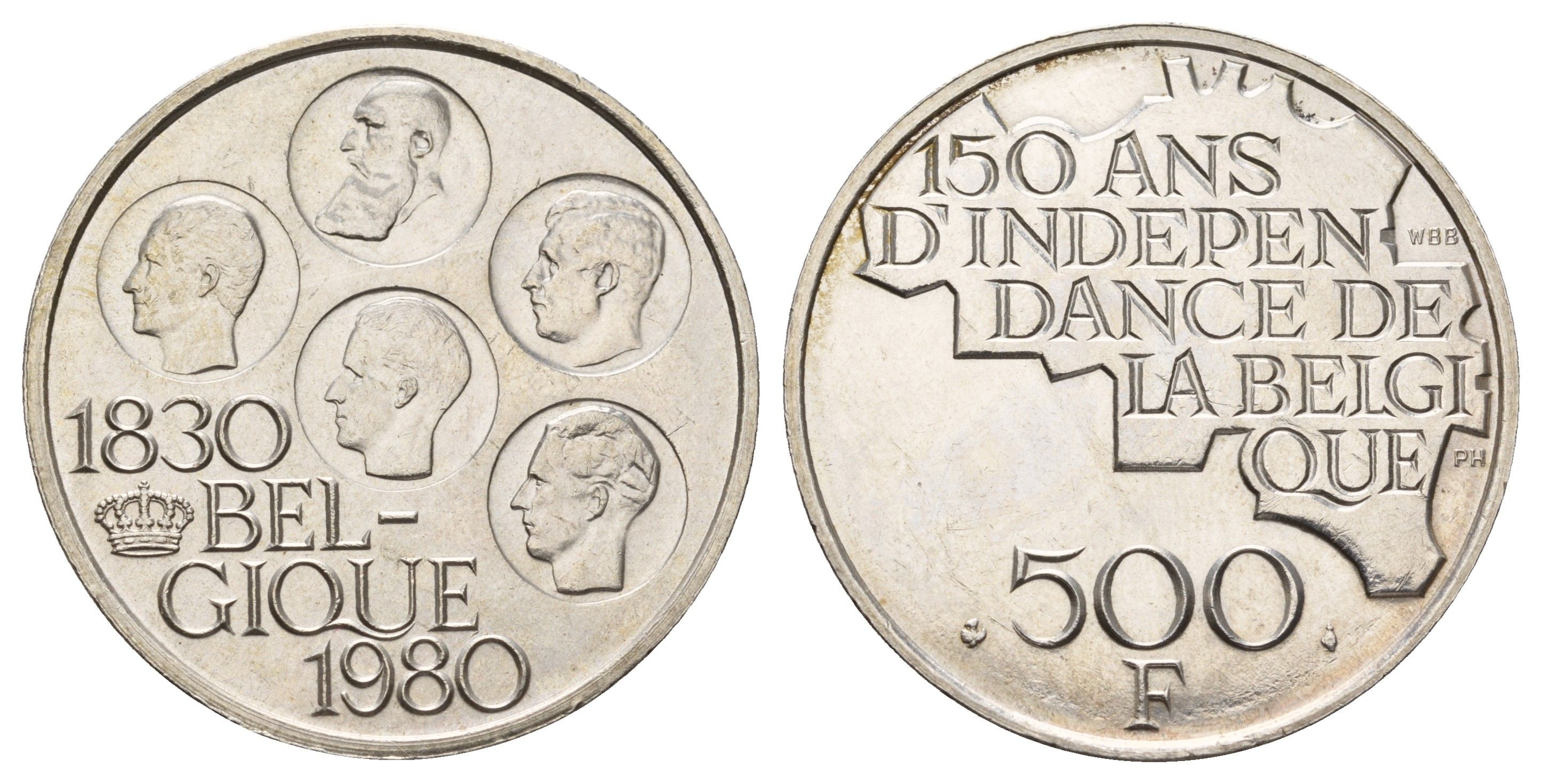 Бельгия 500 франков 1980 150 лет независимости, Belgique KM 161a серебро UNC 1519-1431
