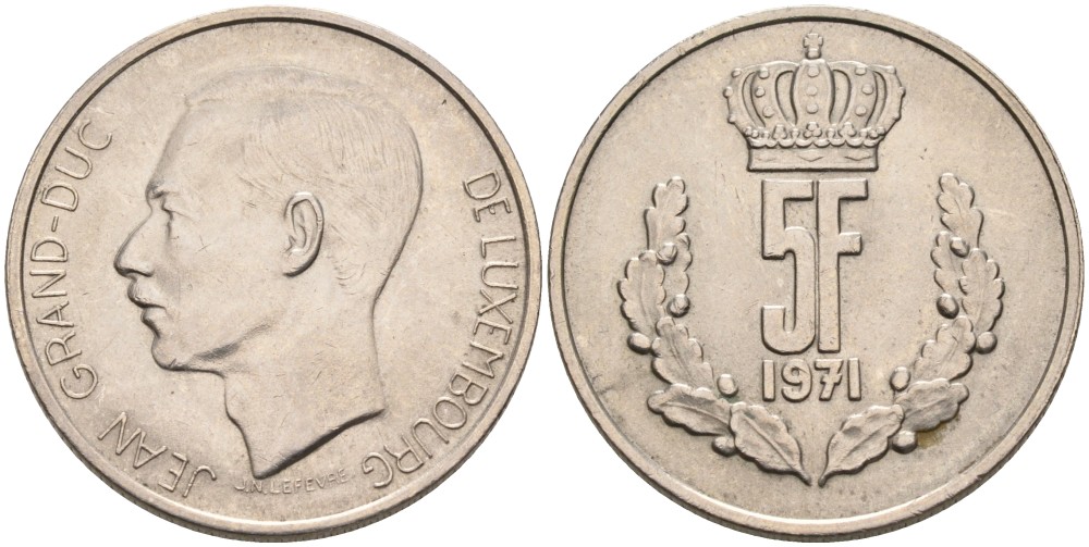 Люксембург 5 франков 1971 Великий герцог Жан (1964-2000) KM 56 медно-никель 4561-224