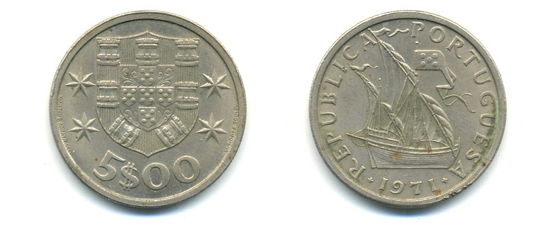 ПОРТУГАЛИЯ 5 ЭСКУДО 1971 ПАРУСНИК KM 591 медно-никель 176-216
