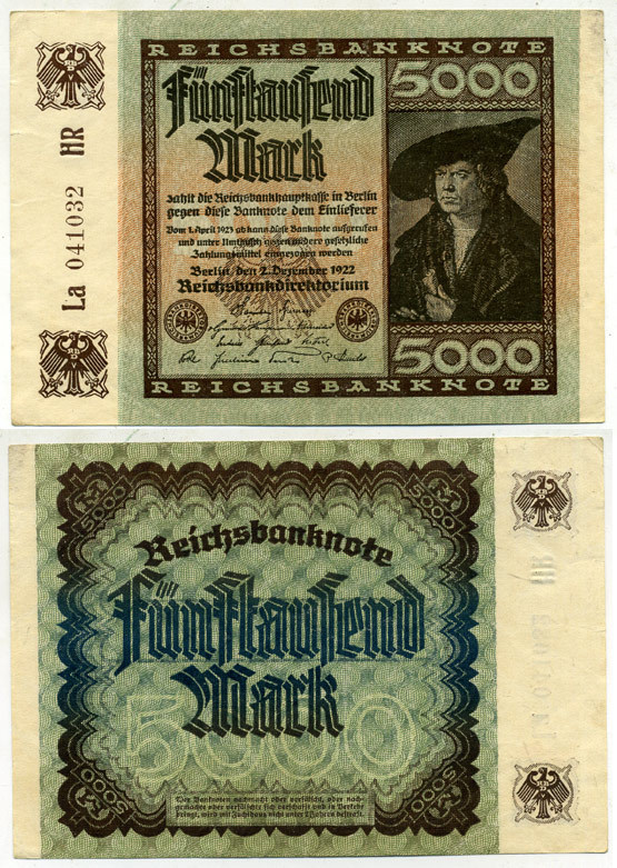 ГЕРМАНИЯ 5000 МАРОК 1922 2 ДЕКАБРЯ 1922, ВОДЯНОЙ ЗНАК Е, В ЗВЁЗДАХ G/D, ДЮРЕР Pick 81а бумага 3295-97-2