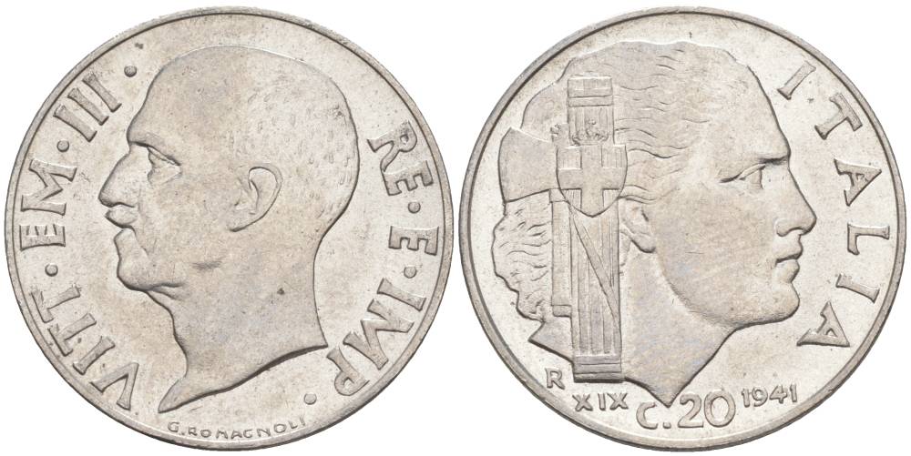 ИТАЛИЯ 20 ЧЕНТЕЗИМО 1941 R, ГОД XIX, ВИКТОР ЭММАНУИЛ III (1900-1946) KM 75b, VEM3. 1028 нержавеющая сталь 3853-755