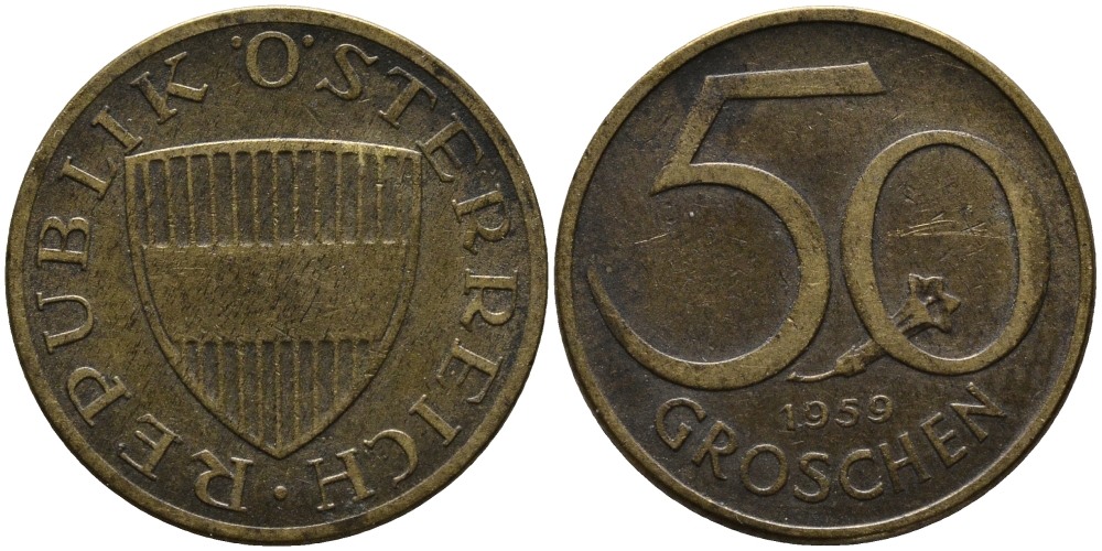 Австрия 50 грошей 1959 KM 2885 алюминиевая бронза 33-353