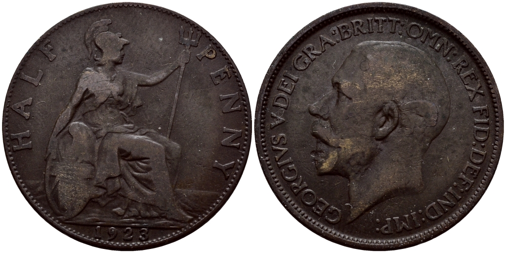 Великобритания 1/2 пенни 1923 Георг V (1910-1936) KM 809, Spink 4056 бронза 51-926
