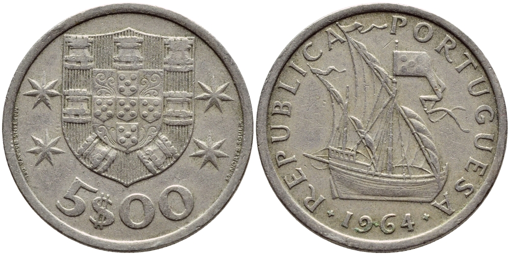 ПОРТУГАЛИЯ 5 ЭСКУДО 1964 ПАРУСНИК KM 591 медно-никель 4395-851