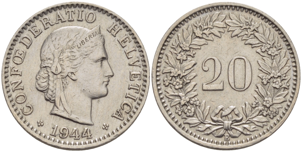 ШВЕЙЦАРИЯ 20 РАППЕНОВ 1944 В KM 29а медно-никель 31-1225