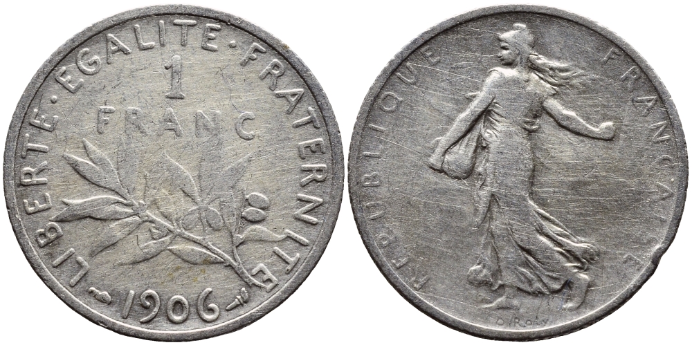 ФРАНЦИЯ 1 ФРАНК 1906 СЕЯТЕЛЬ, РЕДКИЙ ГОД KM 844.1, LE FRANC 217.11 серебро 46-1224