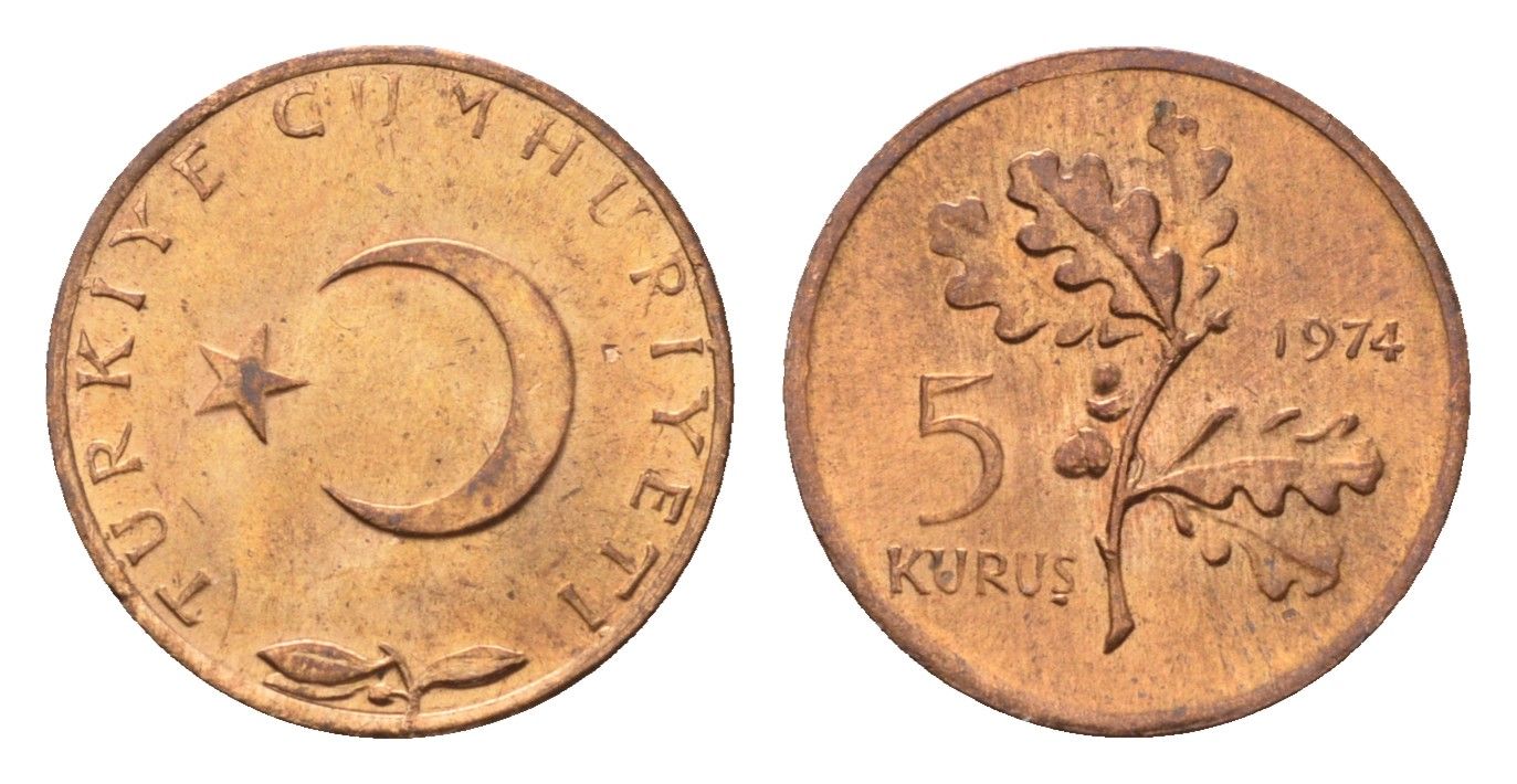 Турция 5 курушей 1974 KM 890.3 бронза UNC 4674-1031