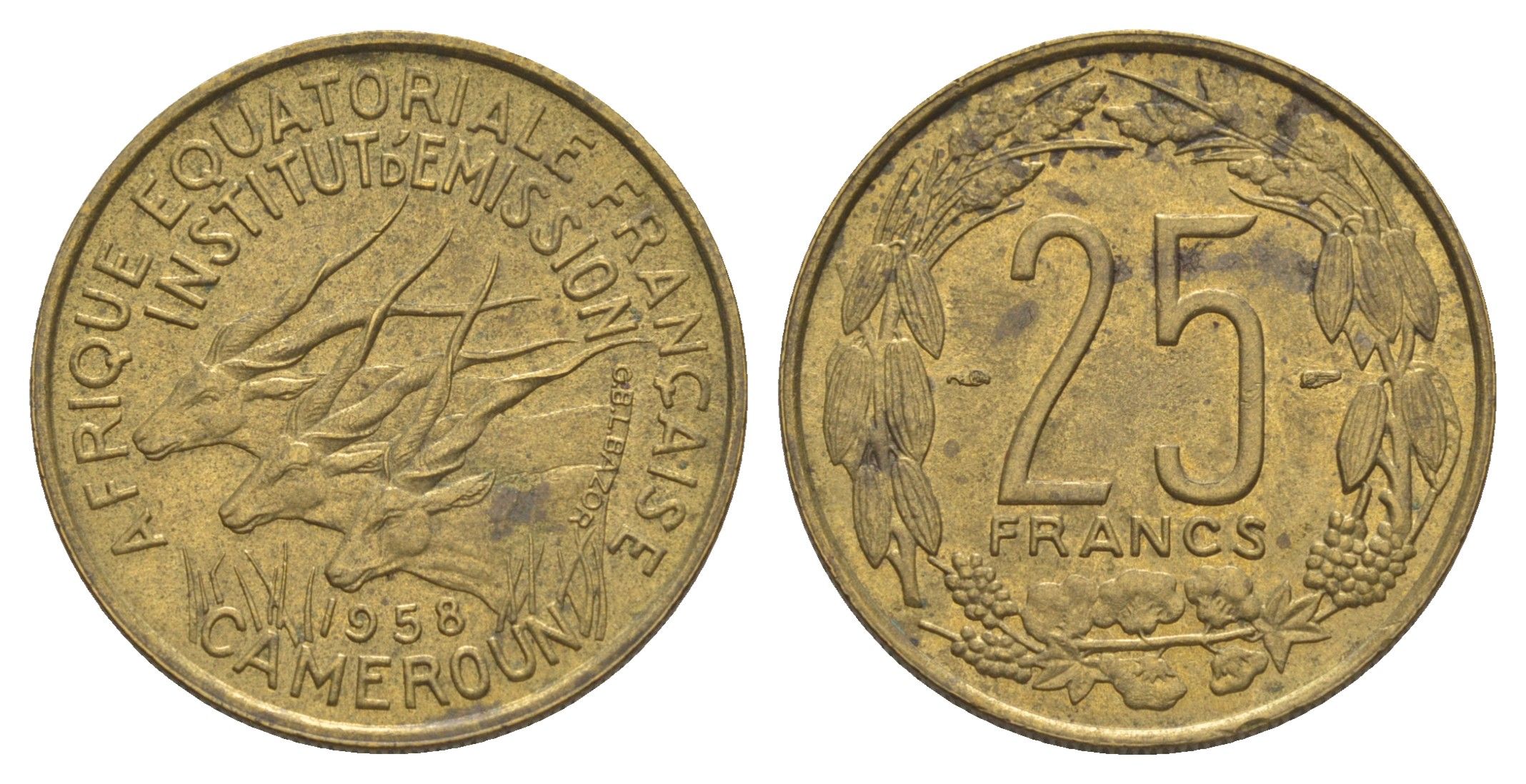 Камерун, Французская Экваториальная Африка 25 франков 1958 KM 12 алюминиевая бронза 4637-242