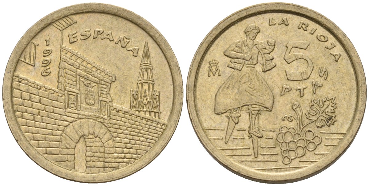 Испания 5 песет 1996 Хуан Карлос I (1975-2014), Риоха (La Rioja) KM 960 алюминиевая бронза 4154-538