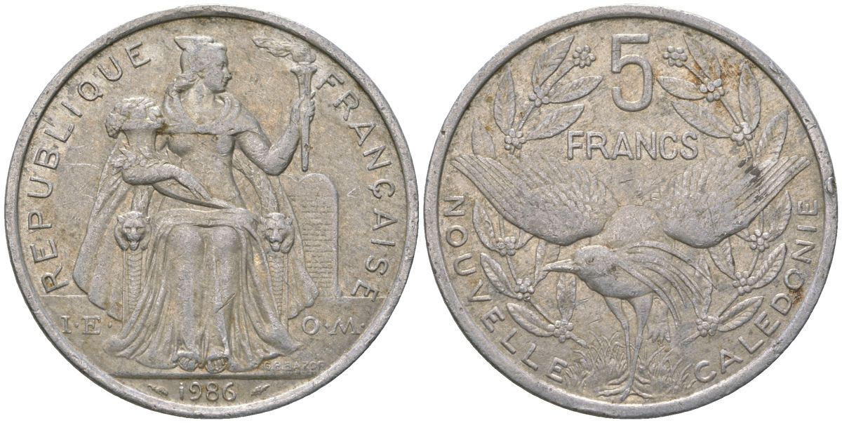 Французская Новая Каледония 5 франков 1986 птица кагу, (IEOM) KM 16, Schoen 12, Lec 76 алюминий 180-513