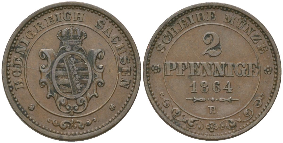 Саксония 2 пфеннига 1864 B, Иоганн I (1854-1873) KM 1217, AKS 153 медь 4547-318