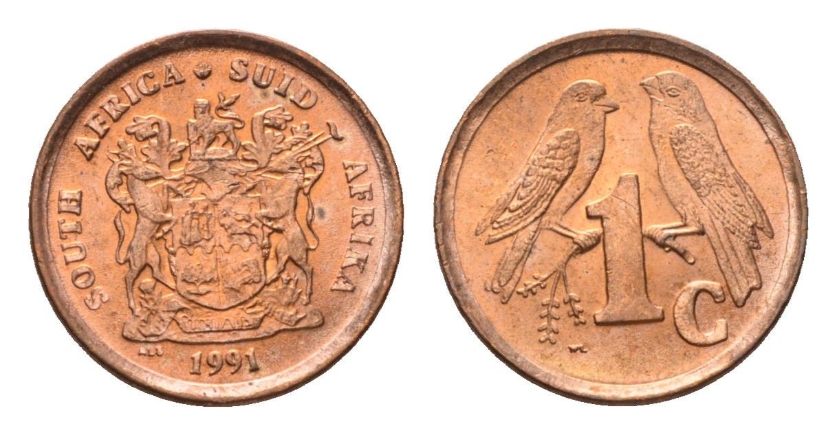 ЮАР 1 цент 1991 герб, капские воробьи KM 132 сталь плакированная медью UNC 4690-1264
