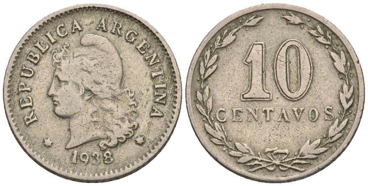 Аргентина 10 сентаво 1938 голова свободы влево KM 35, CJ 125, Schon 38 медно-никель    4609-1143