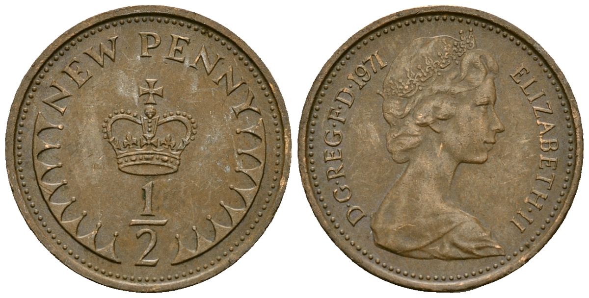 Великобритания 1/2 пенни 1971 Елизавета II (1952-2022) KM 914, Spink 4239 бронза 4136-1139