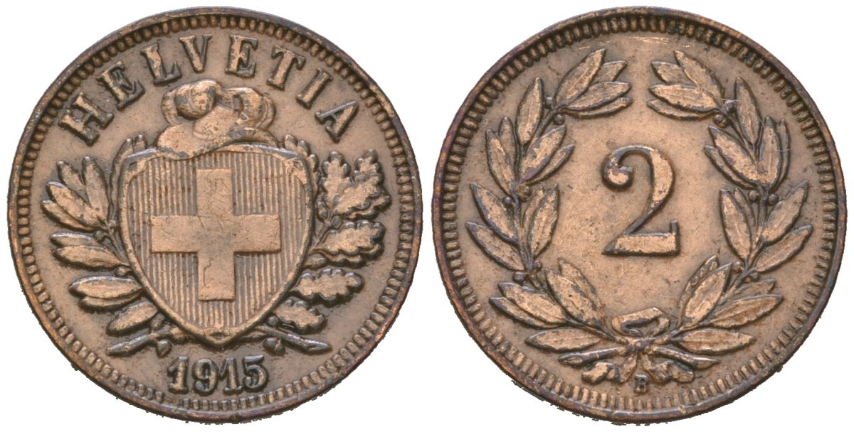 Швейцария 2 раппена 1915 B KM 4 бронза 35-153