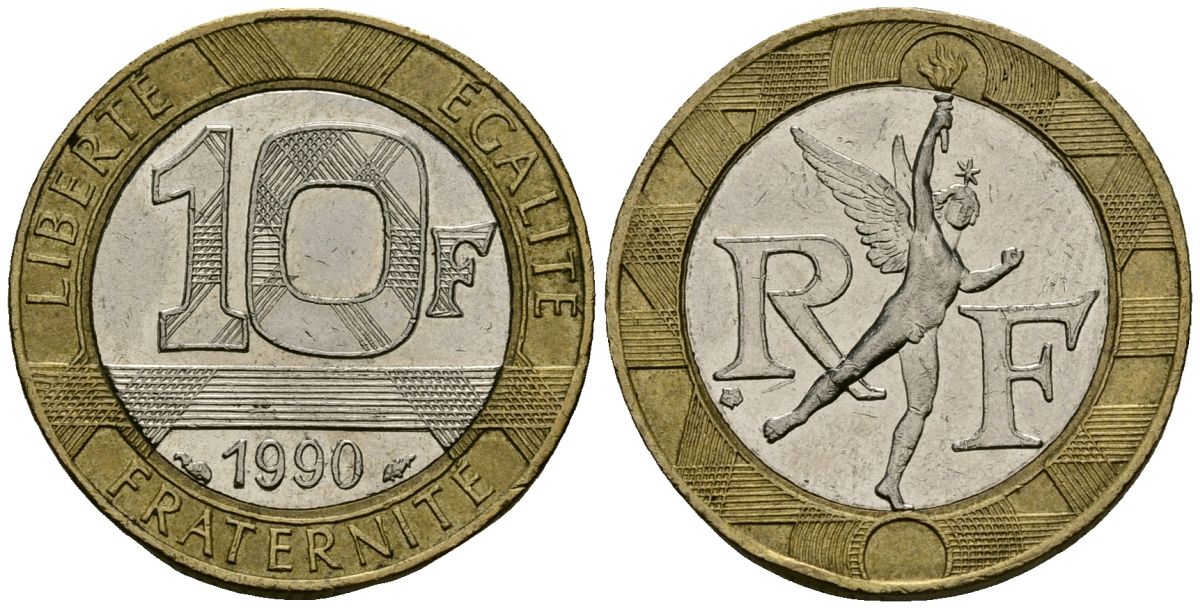 Франция 10 франков 1990 тип Гений Бастилии KM 964.1, Le Frank 375.5 биметалл 4135-544