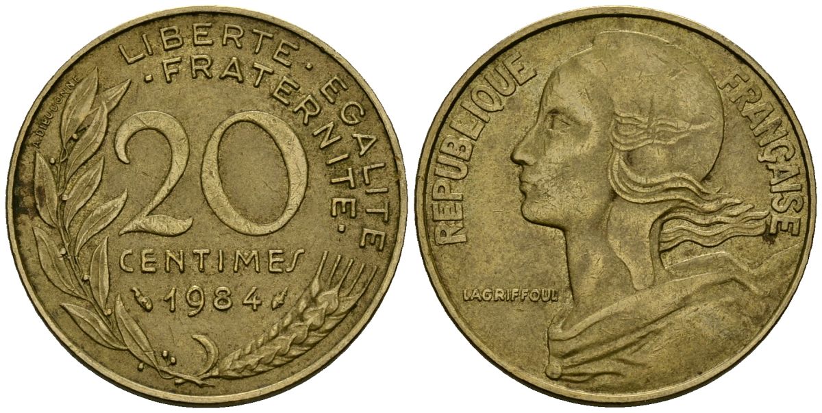 Франция 20 сантимов 1984 тип Marianne KM 930, Le Franс 156.24 алюминиевая бронза 4138-511