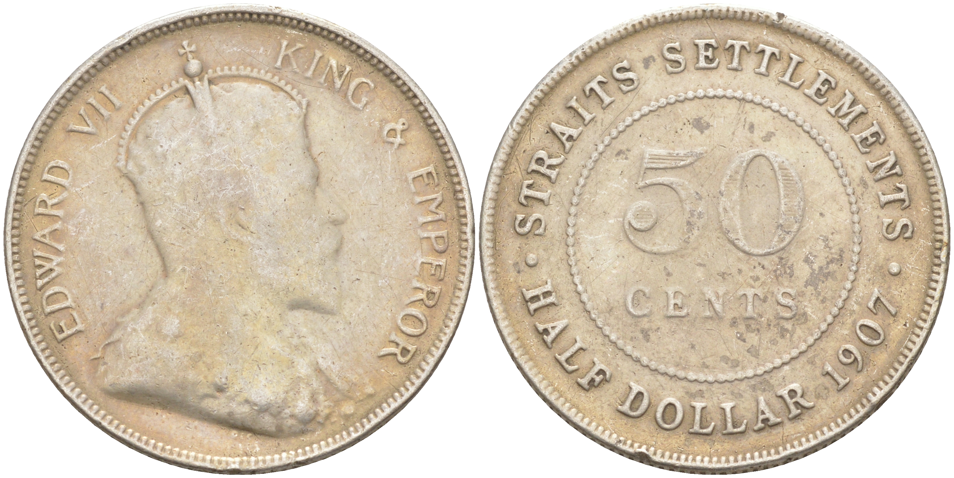 Стрейтс-Сетлментс 50 центов 1907 Эдуард VII (1901-1910), медальный тип KM 24 серебро 1523-1242