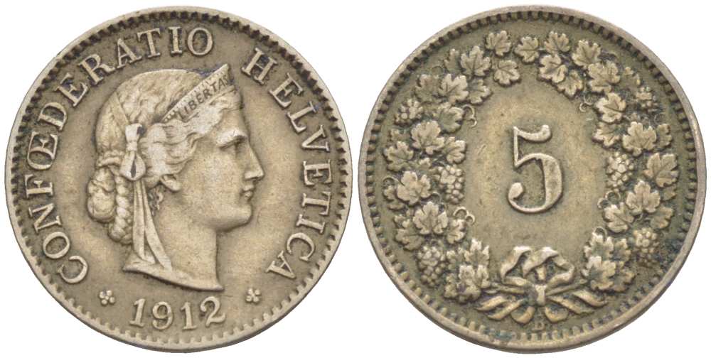 ШВЕЙЦАРИЯ 5 РАППЕНОВ 1912 В KM 26 медно-никель 3955-1128