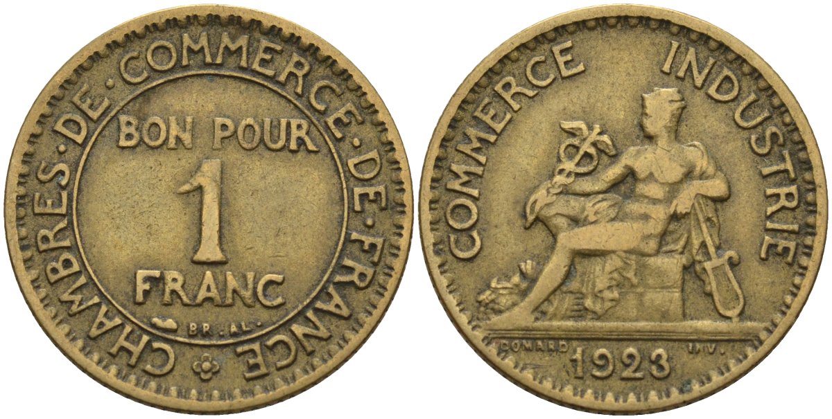 Франция 1 франк 1923 KM 876, Le Franc 218.5 алюминиевая бронза 4142-656