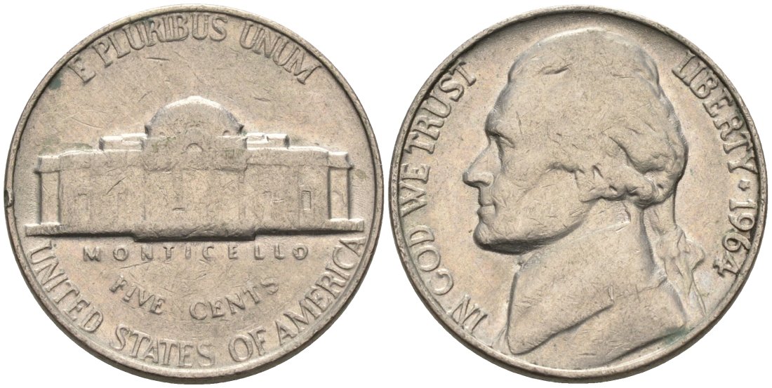 США 5 центов 1964 Джефферсон KM А192 медно-никель 92-1116