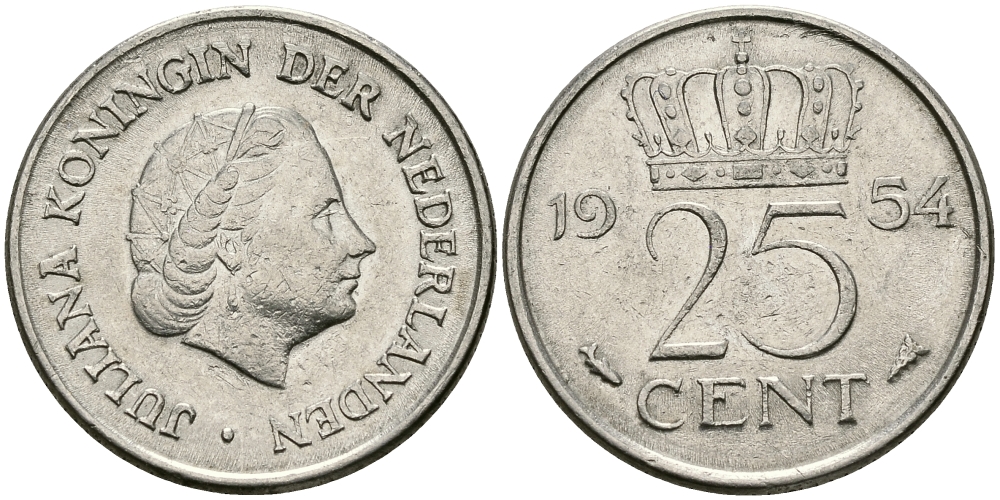НИДЕРЛАНДЫ 25 ЦЕНТОВ 1954 ЮЛИАНА KM 183 никель 96-127