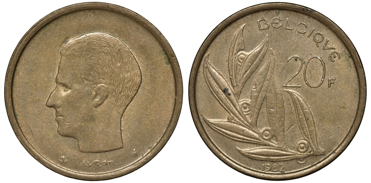 БЕЛЬГИЯ 20 ФРАНКОВ 1982 BELGIQUE KM 159 никель бронза 72-1424