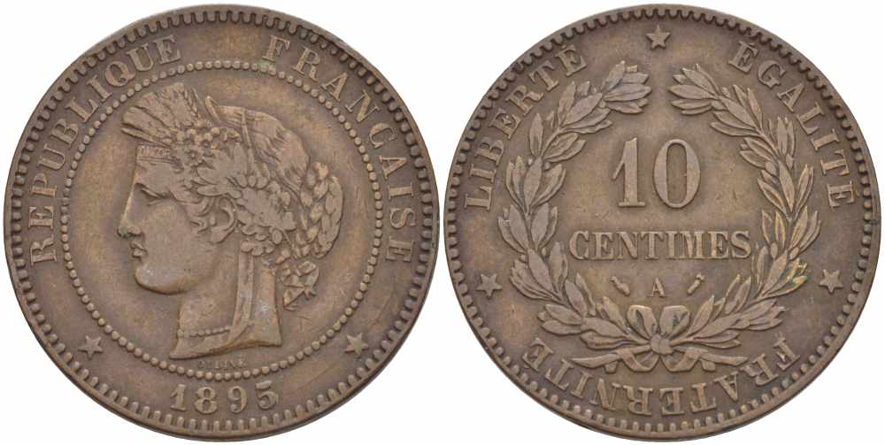 ФРАНЦИЯ 10 САНТИМОВ 1895 A, ТРЕТЬЯ РЕСПУБЛИКА (1871-1940) KM 815.1, LA FRANC 135.40 бронза 82-933