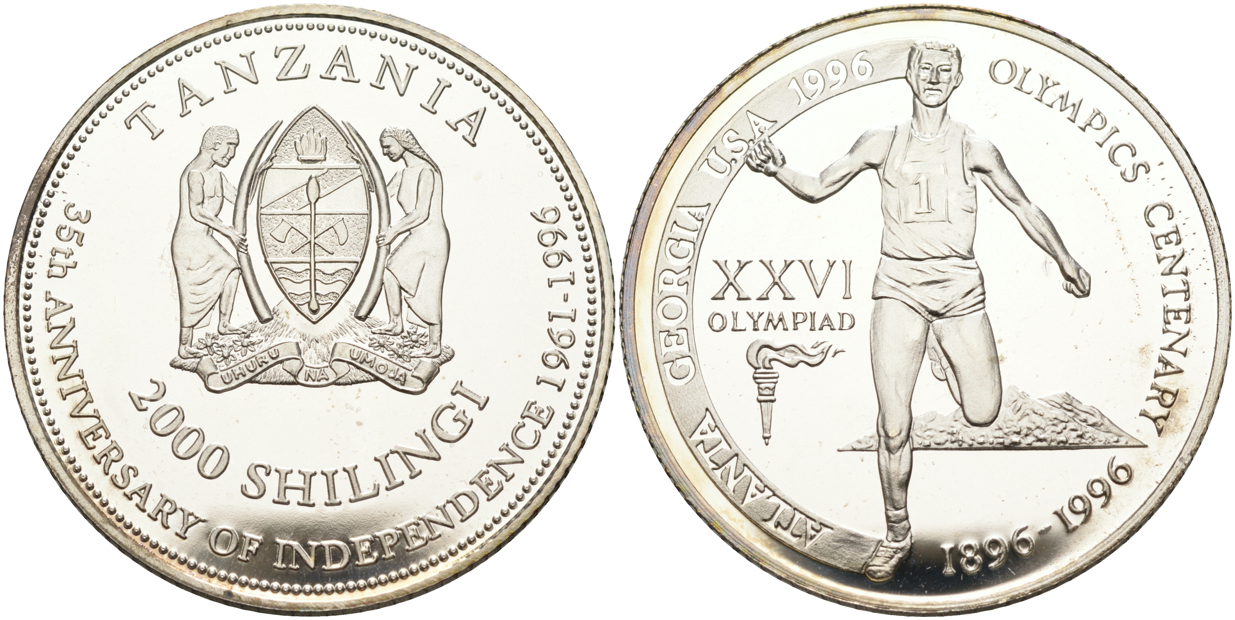 Танзания 2000 шиллингов 1996 XXVI Олимпийские игры 1996 года в Атланте, 100 лет Олимпийскому движению, финиш пробник, рубчатый гурт серебро PROOF 06-156-32