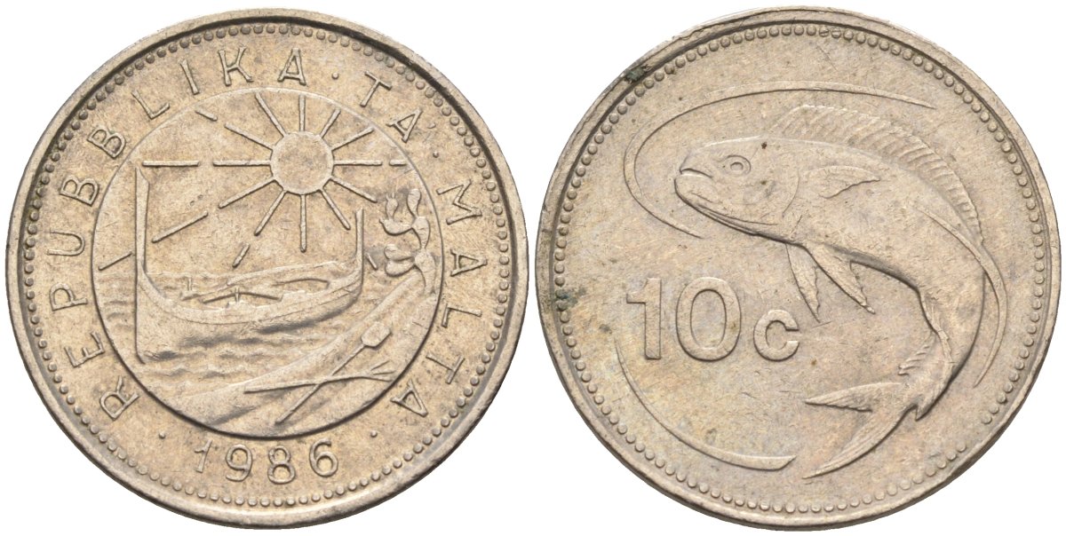 Мальта 10 центов 1986 золотая макрель KM 76 медно-никель 4588-212