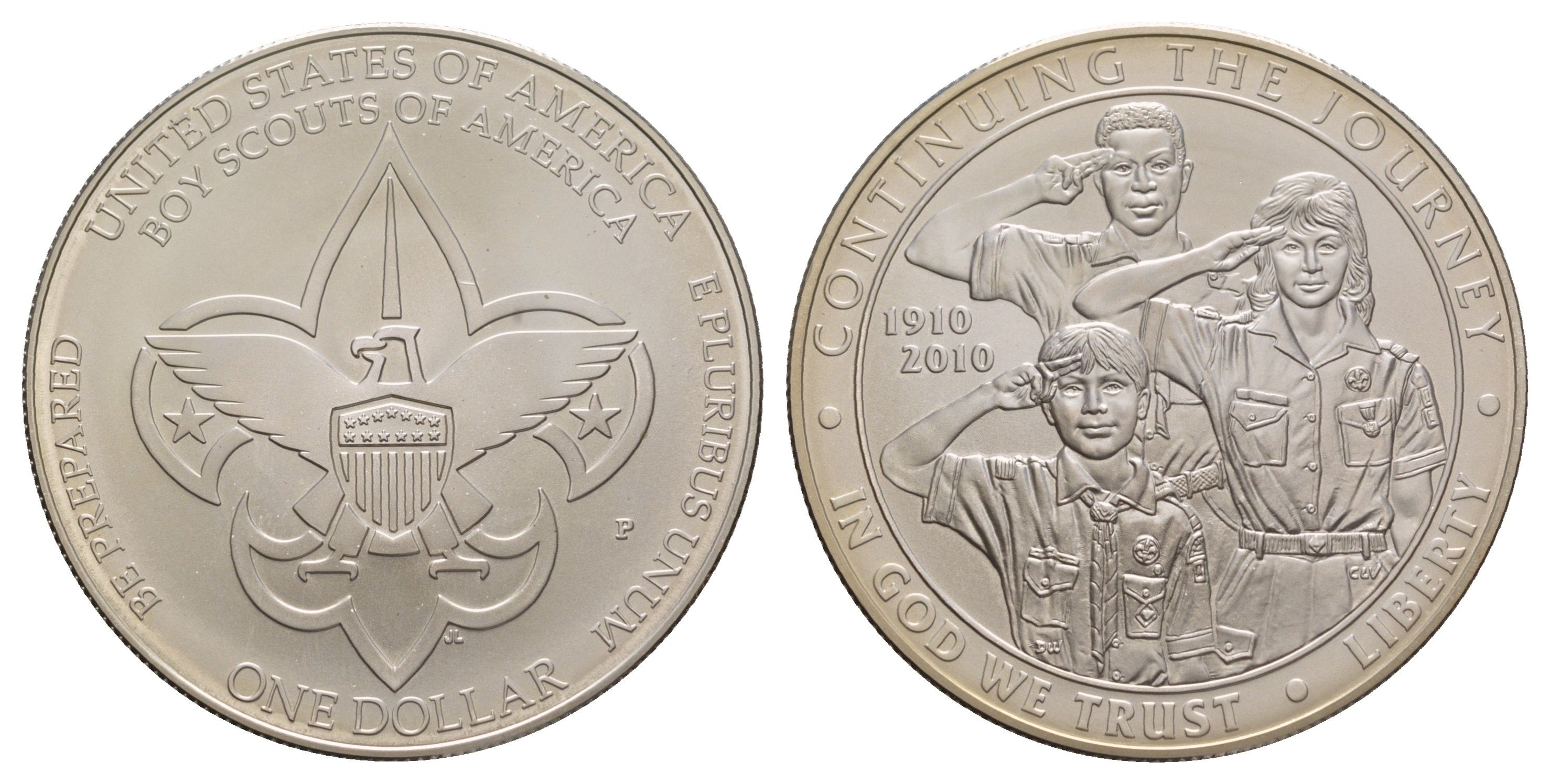 США 1 доллар 2010 100 лет бойскаутам Америки, в оригинальной коробке, с сертификатом KM 480 серебро BU 1-4-1-05