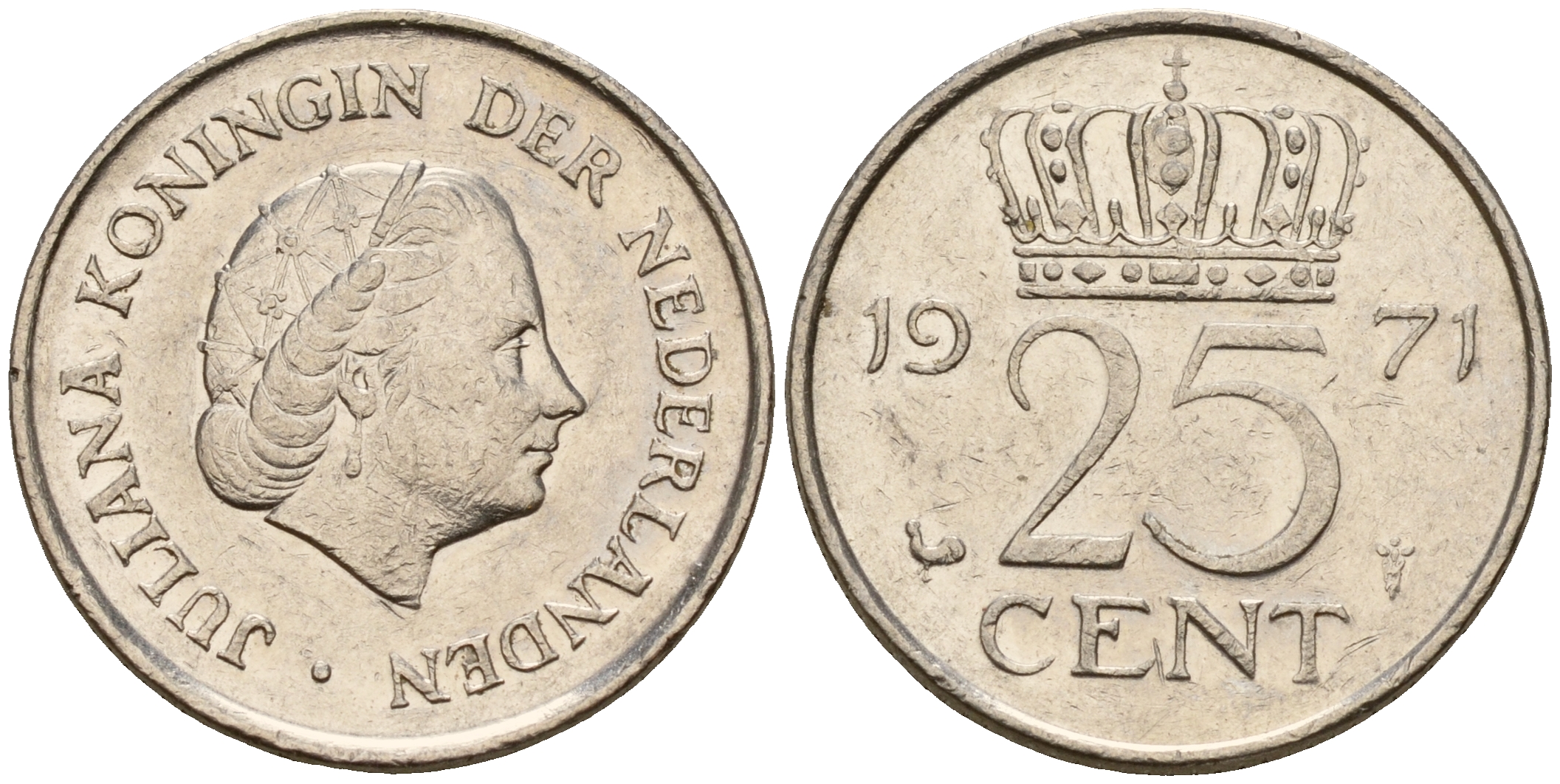 Нидерланды 25 центов 1971 Юлиана (1949-1980) KM 183 никель    4598-462