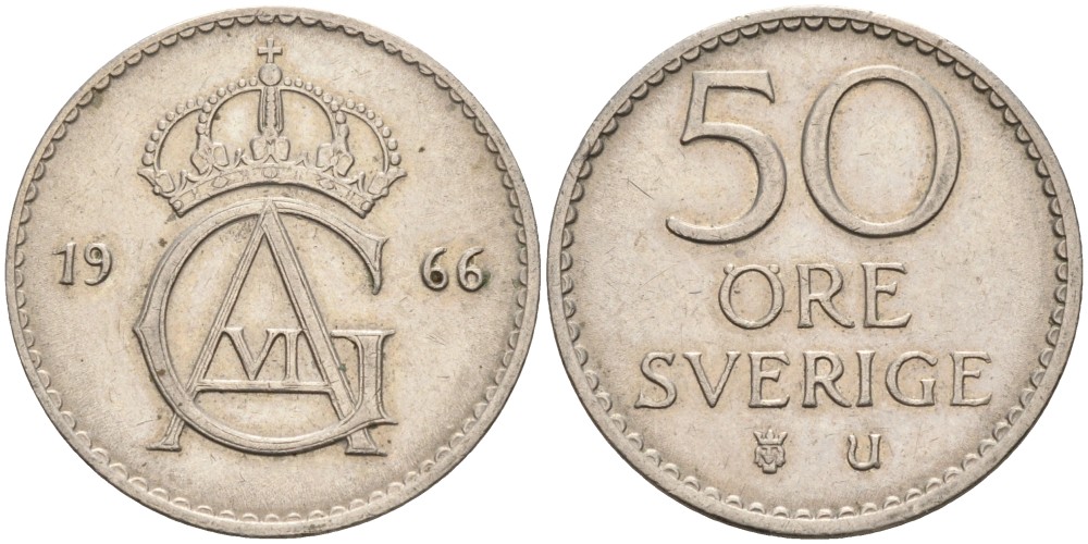 Швеция 50 эре 1966 U, Густав VI Адольф (1950-1973) KM 837 медно-никель 4379-1131