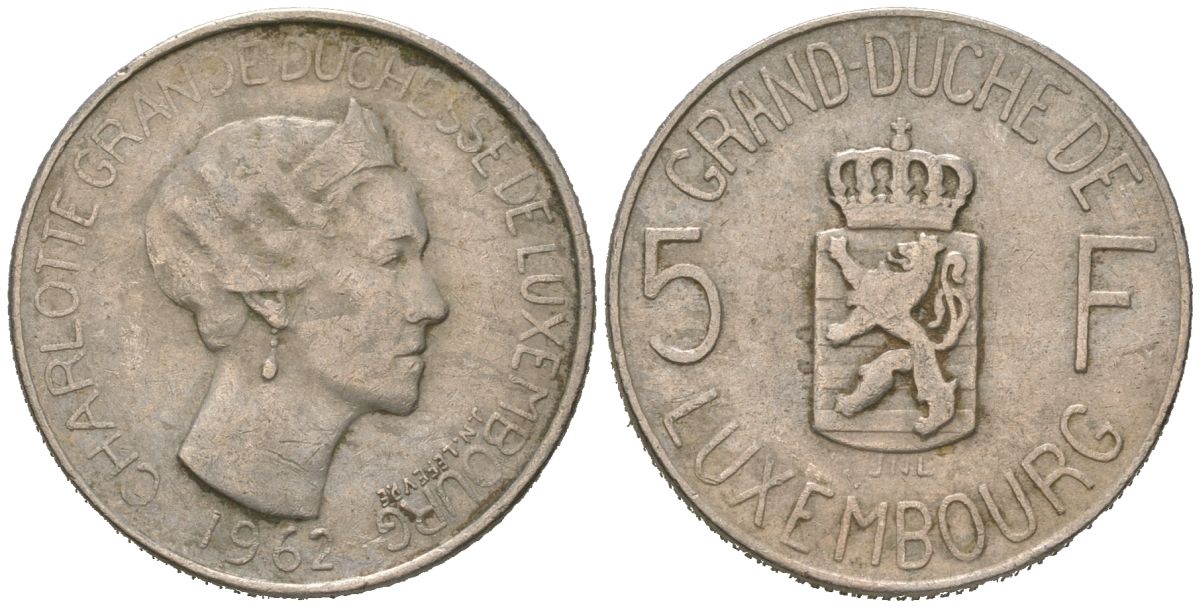 Люксембург 5 франков 1962 KM 51 медно-никель 117-1147