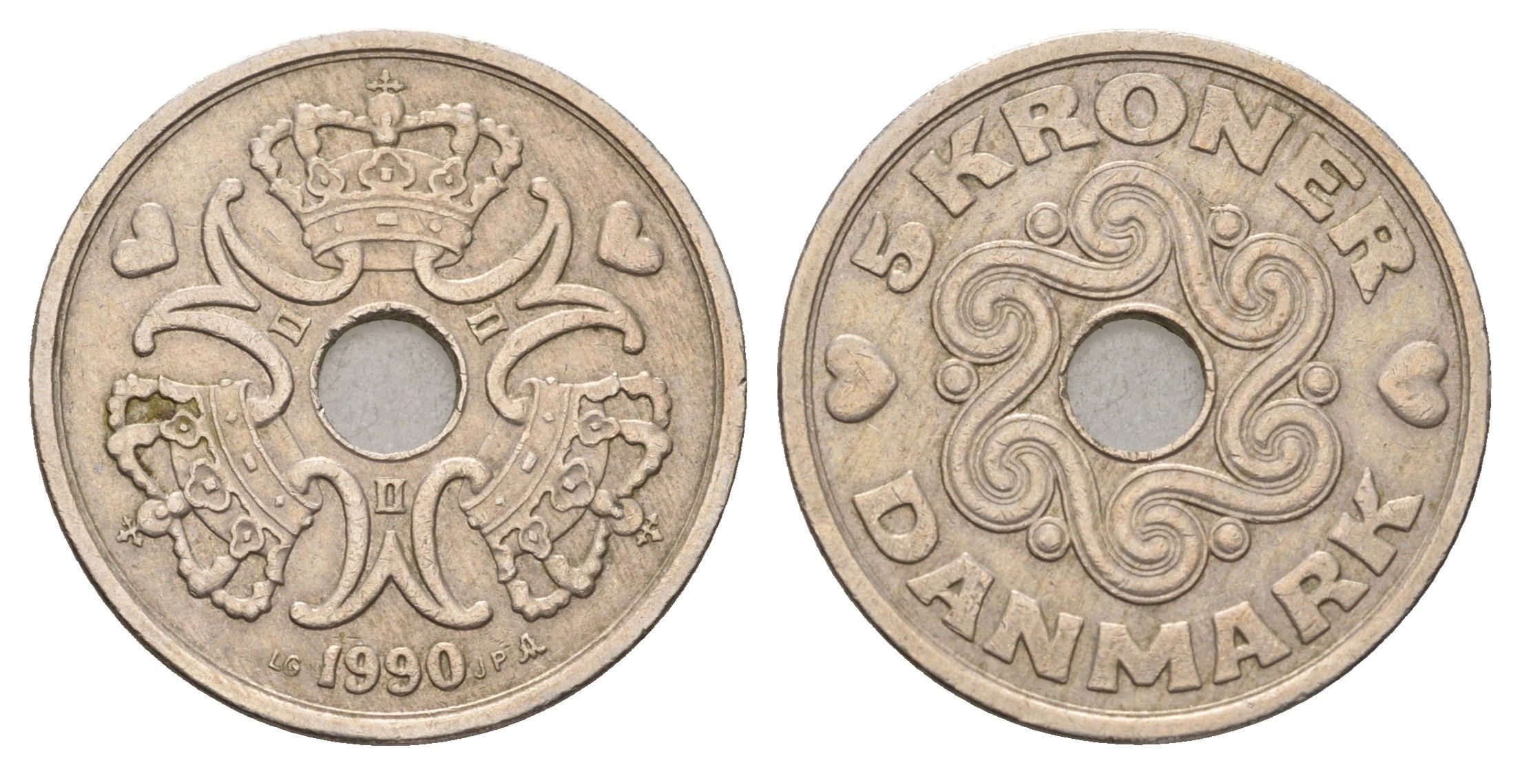 Дания 5 крон 1990 Маргрете II (1972-2024) KM 869 медно-никель 119-111