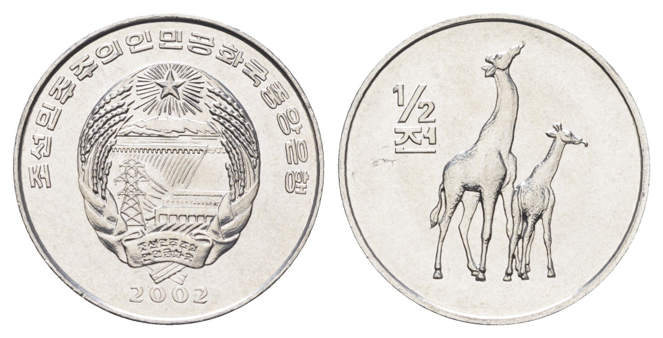 КНДР (Северная Корея) 1/2 чона 2002 Мир животных - Жираф KM 186 алюминий UNC 4662-335