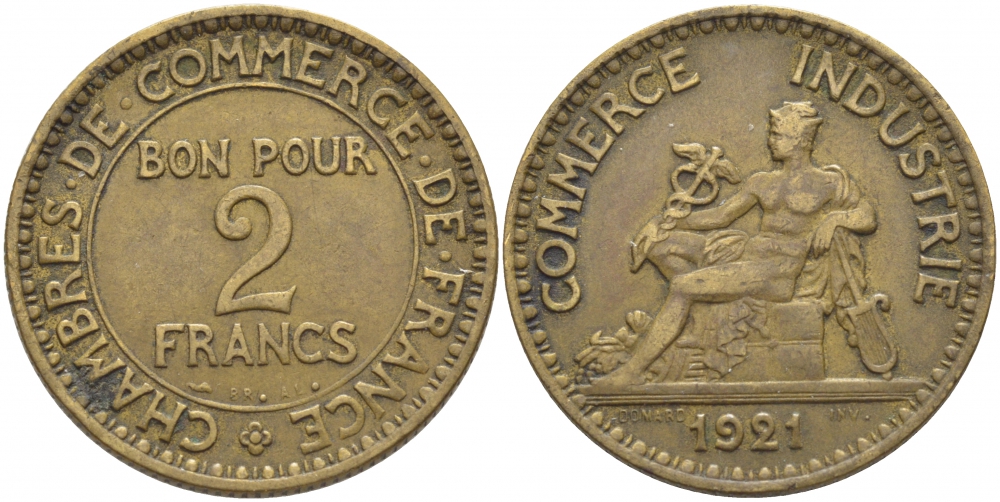 ФРАНЦИЯ 2 ФРАНКА 1921 CHAMBRES DE COMMERCE KM 877, LE FRANC 267.3 алюминиевая бронза 114-734