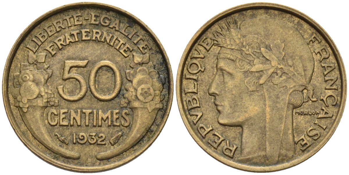 Франция 50 сантимов 1932 KM 894.1, Le Franc 192.15 алюминиевая бронза 4596-758
