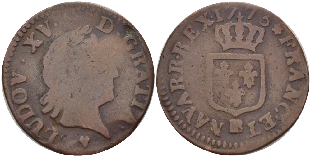 Франция 1 лиард 1773 ВВ, Людовик XV KM 543.3 (С8.6) медь 28-625