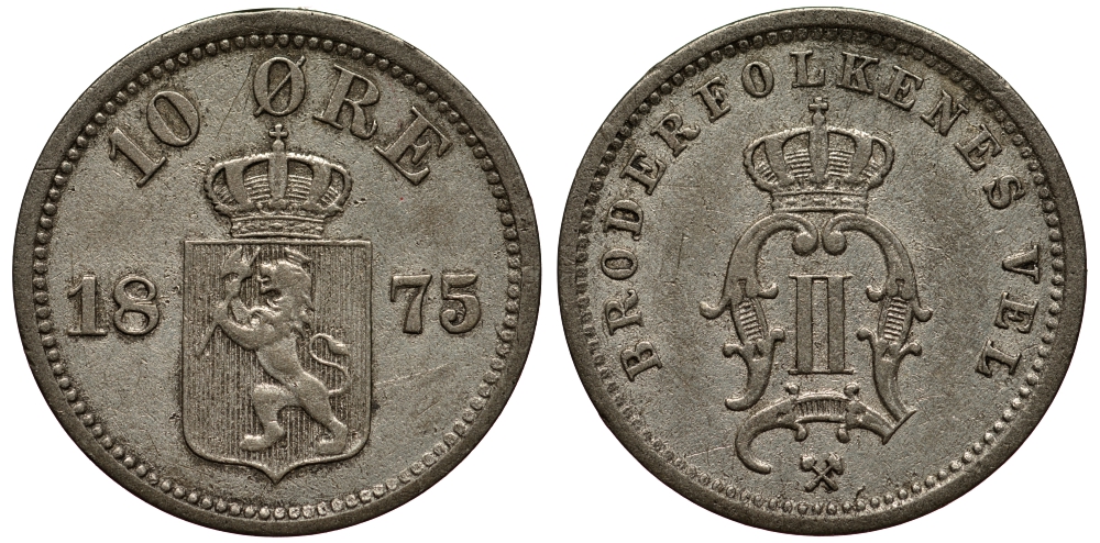 Норвегия 10 эре 1875 Оскар II (1874-1906) KM 350 серебро 1530-533