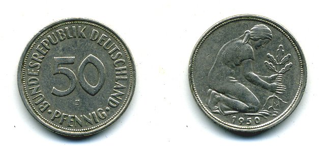 ФРГ 50 ПФЕННИГОВ 1950 J KM 109.1, J. 384 медно-никель 25-1835