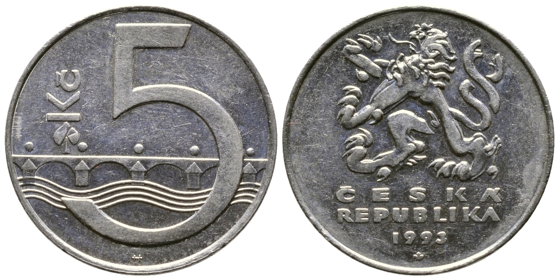 Чехия 5 крон 1993 чешский лев, Карлов мост KM 8 сталь плакированная никелем 4364-4442