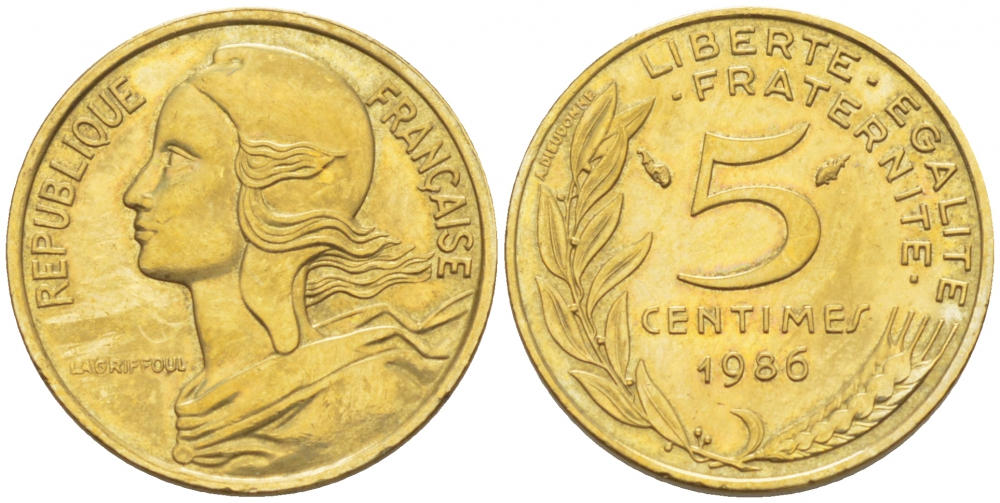 ФРАНЦИЯ 5 САНТИМОВ 1986 ТИП MARIANNE KM 933 медь алюминий никель 112-846