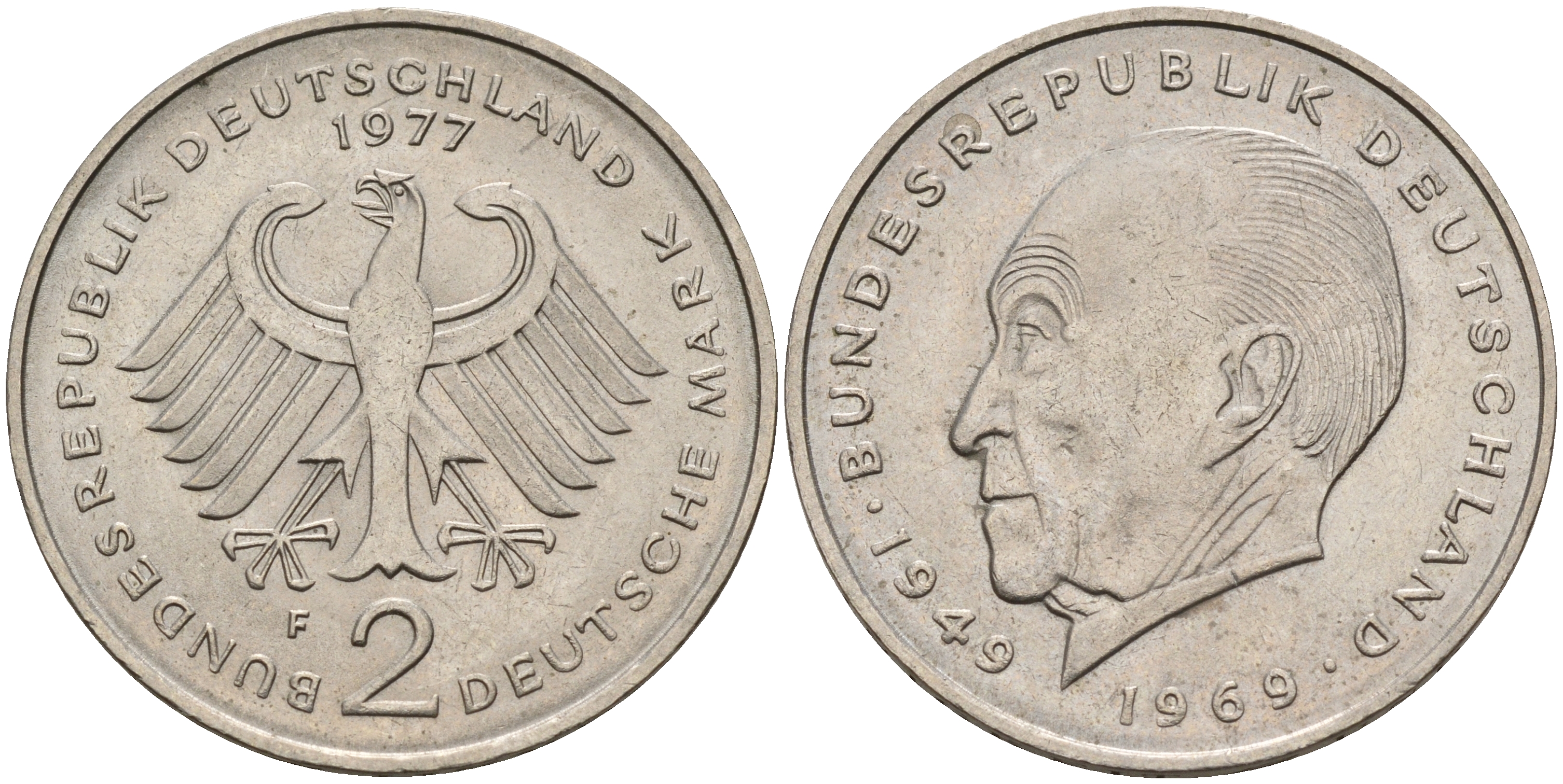 ФРГ 2 марки 1977 F,  Конрад Аденауэр KM 124, J. 406 медно-никель  UNC  4149-531