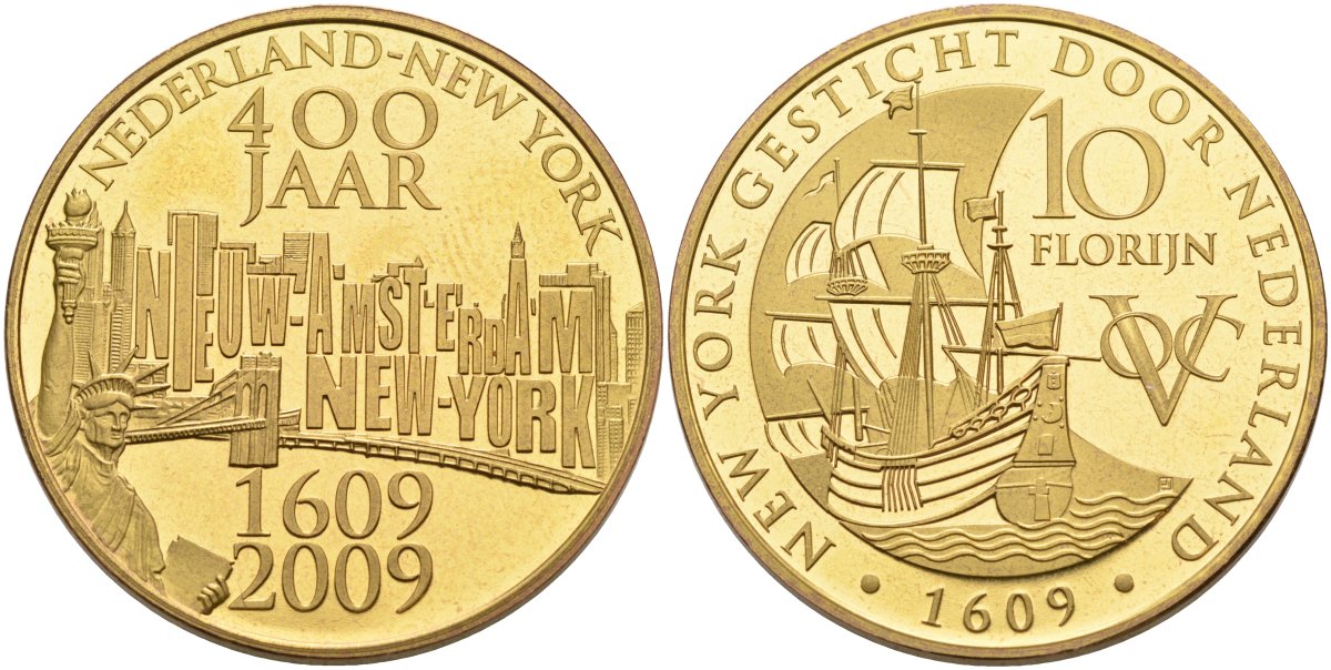 Нидерланды медаль, 10 флоринов 2009 Восточно-Индийская компания, 400 лет открытия Нью- Йорка, диаметр 35 мм., позолота бронза PROOFLIKE 4558-734
