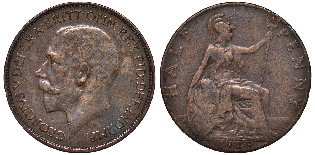 Великобритания 1/2 пенни 1925 Георг V (1910-1936), штрих на A - прямой KM 824, Spink 4057 бронза 4122-732