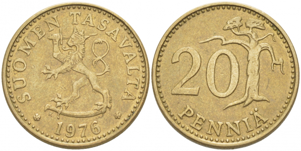ФИНЛЯНДИЯ 20 ПЕННИ 1976 K KM 47 алюминиевая бронза 3718-627