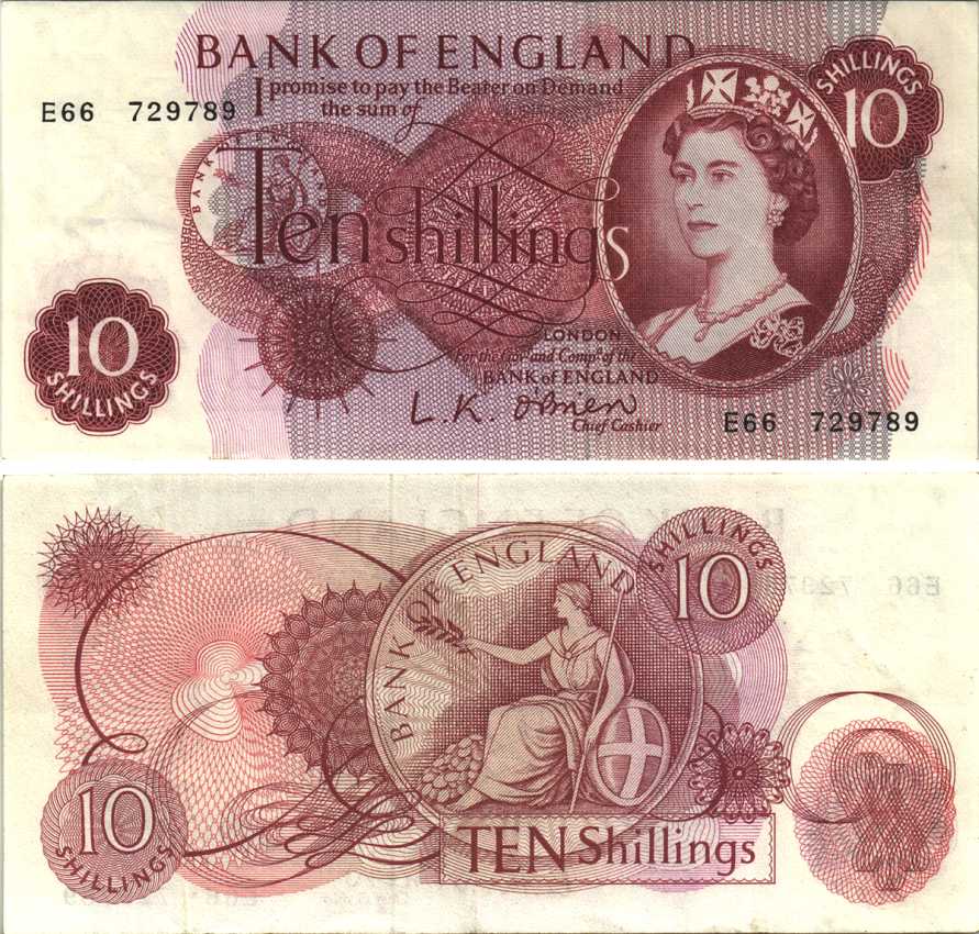 АНГЛИЯ 10 ШИЛЛИНГОВ 1960-1961 КОРИЧНЕВАЯ, ПОДПИСЬ L.K. O'BRIEN Pick 373a бумага 00-00