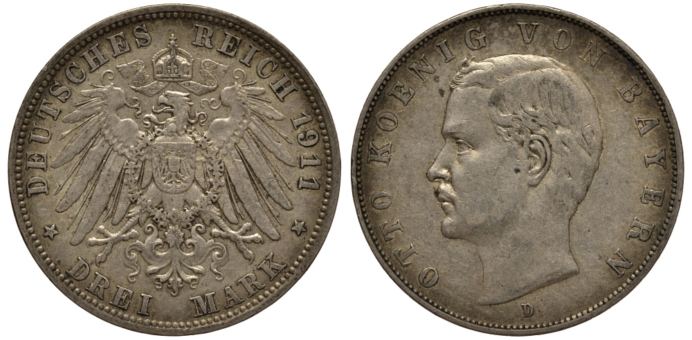 Бавария 3 марки 1911 Отто (1886-1913) Weege 45, J. 47, KM 515 серебро 3711-2035