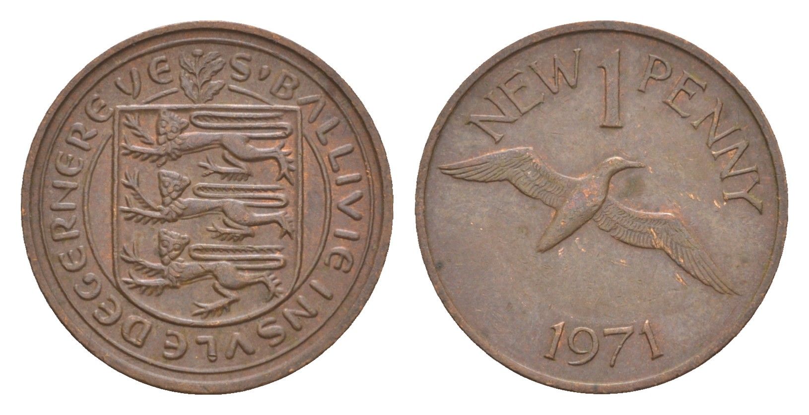 Гернси 1 новый пенни 1971 Елизавета II (1952-2022), северная олуша в полете KM 21 бронза 4655-935